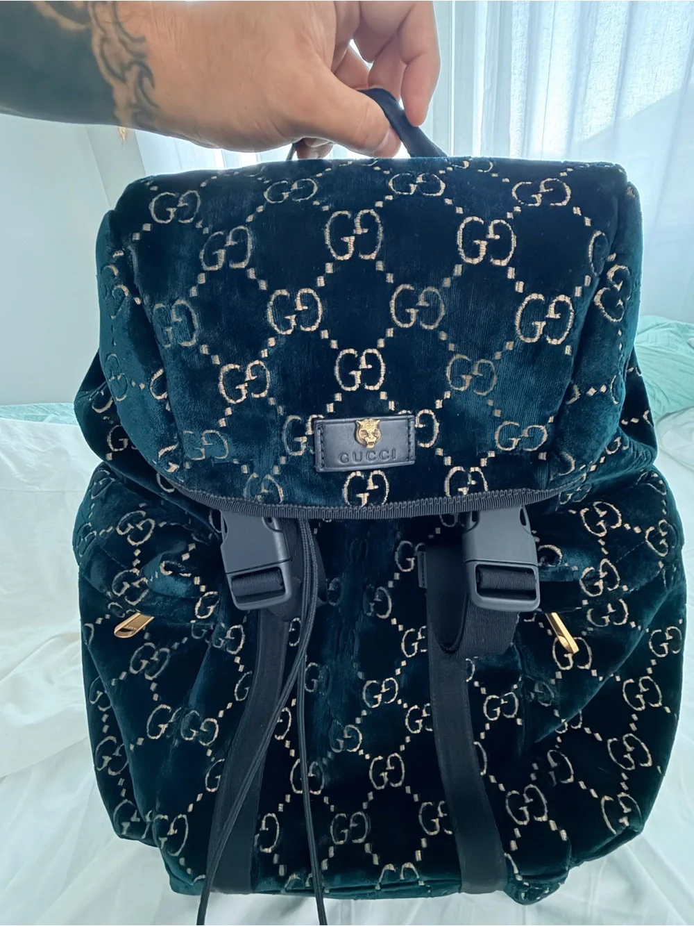Gucci Dark Blue Velvet GG Monogram Backpack with Gold Accents